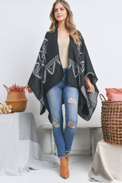 OPEN FRONT GEOMETRIC TRIANGLE PRINT RUANA WRAP KIMONO