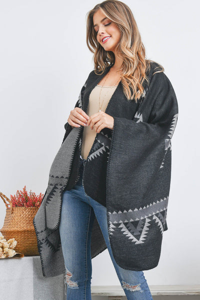 OPEN FRONT GEOMETRIC TRIANGLE PRINT RUANA WRAP KIMONO