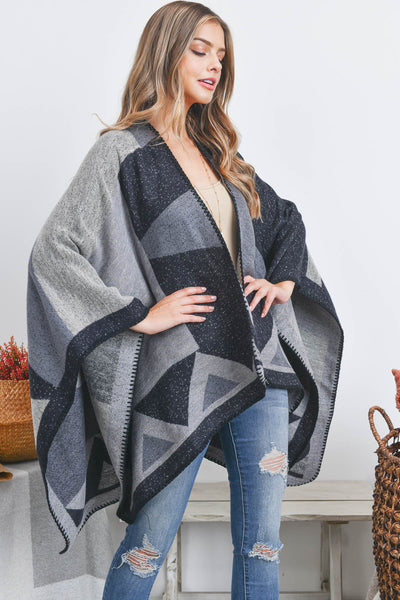 OPEN FRONT GEOMETRIC SHAPE PRINT RUANA WRAP KIMONO