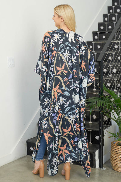 FLORAL PRINT BOHO OPEN FRONT LONG KIMONO