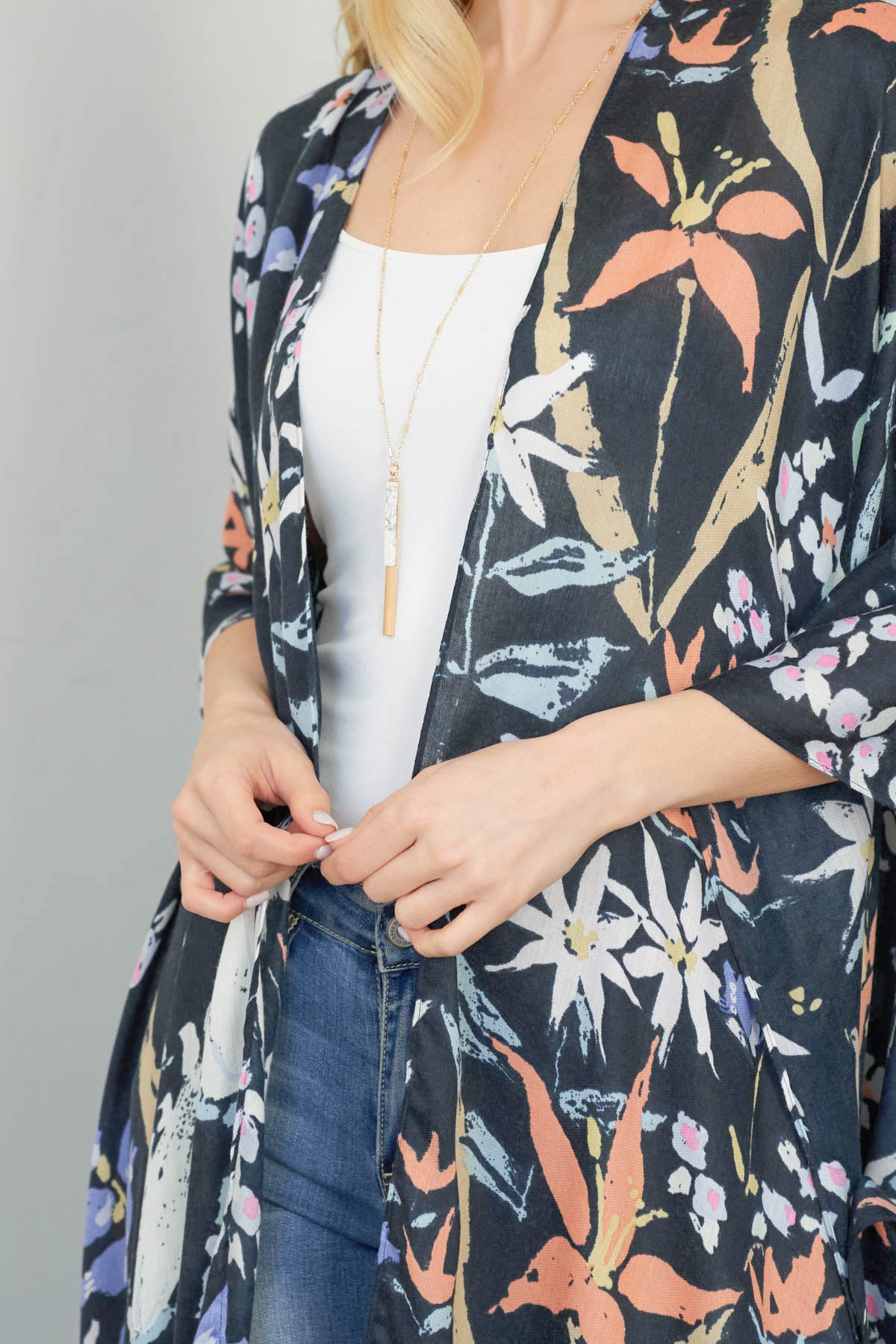 FLORAL PRINT BOHO OPEN FRONT LONG KIMONO