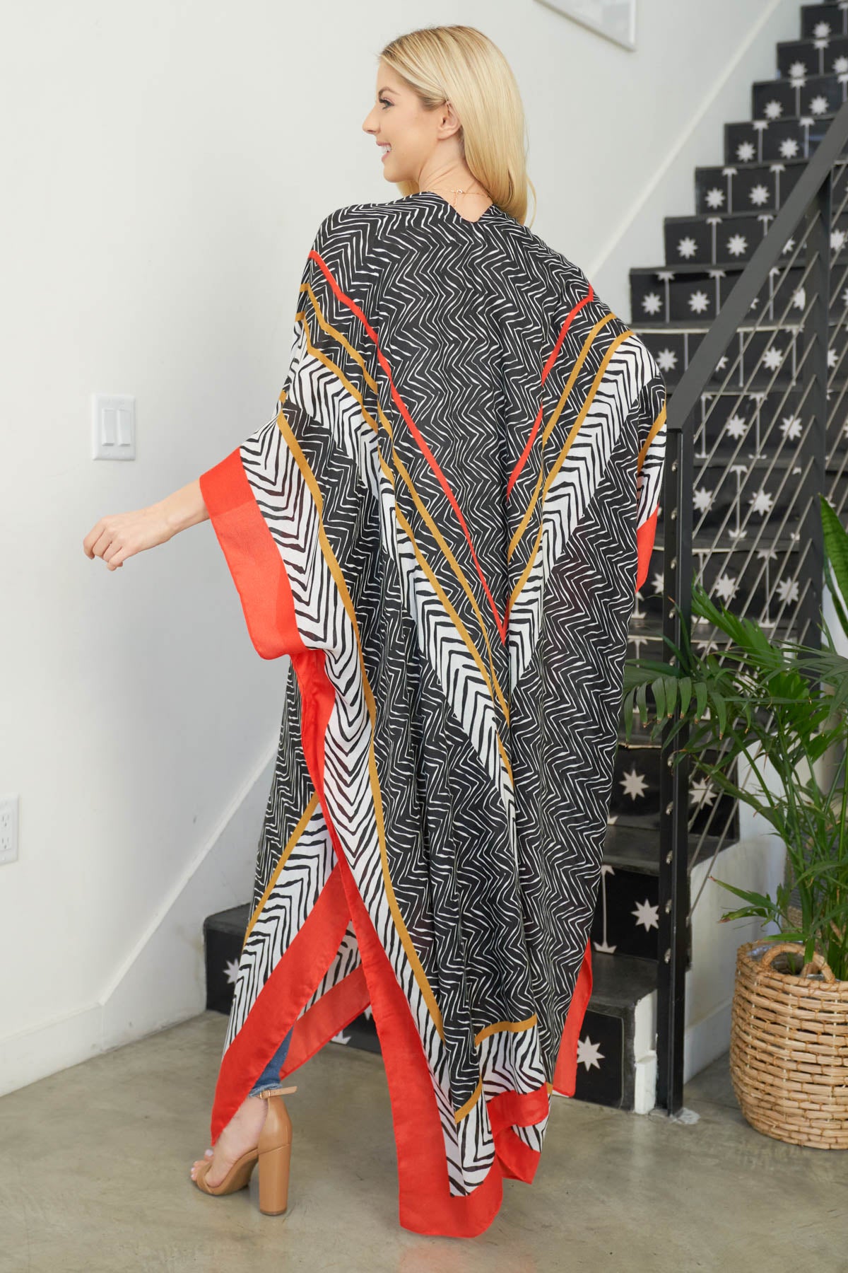 WAVY PRINT BOHO OPEN FRONT LONG KIMONO