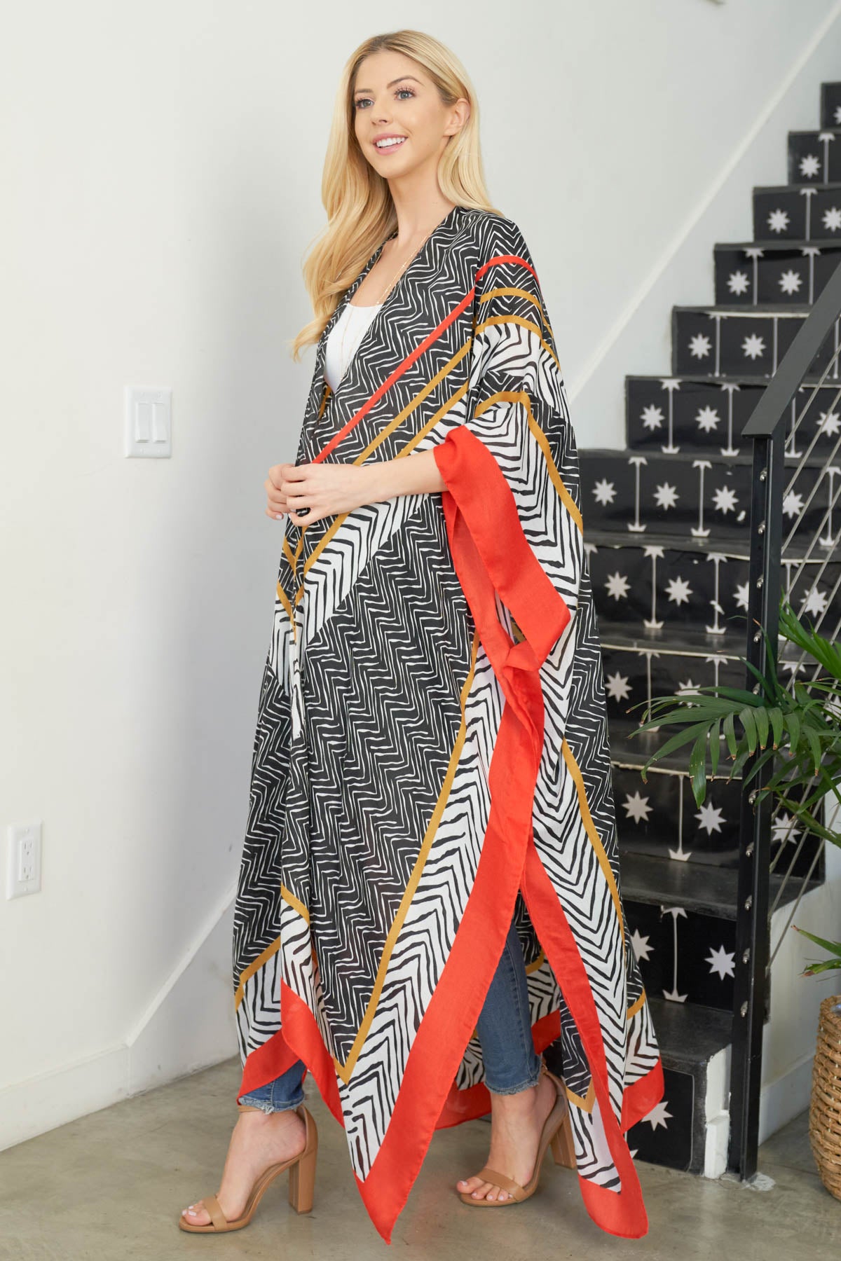 WAVY PRINT BOHO OPEN FRONT LONG KIMONO