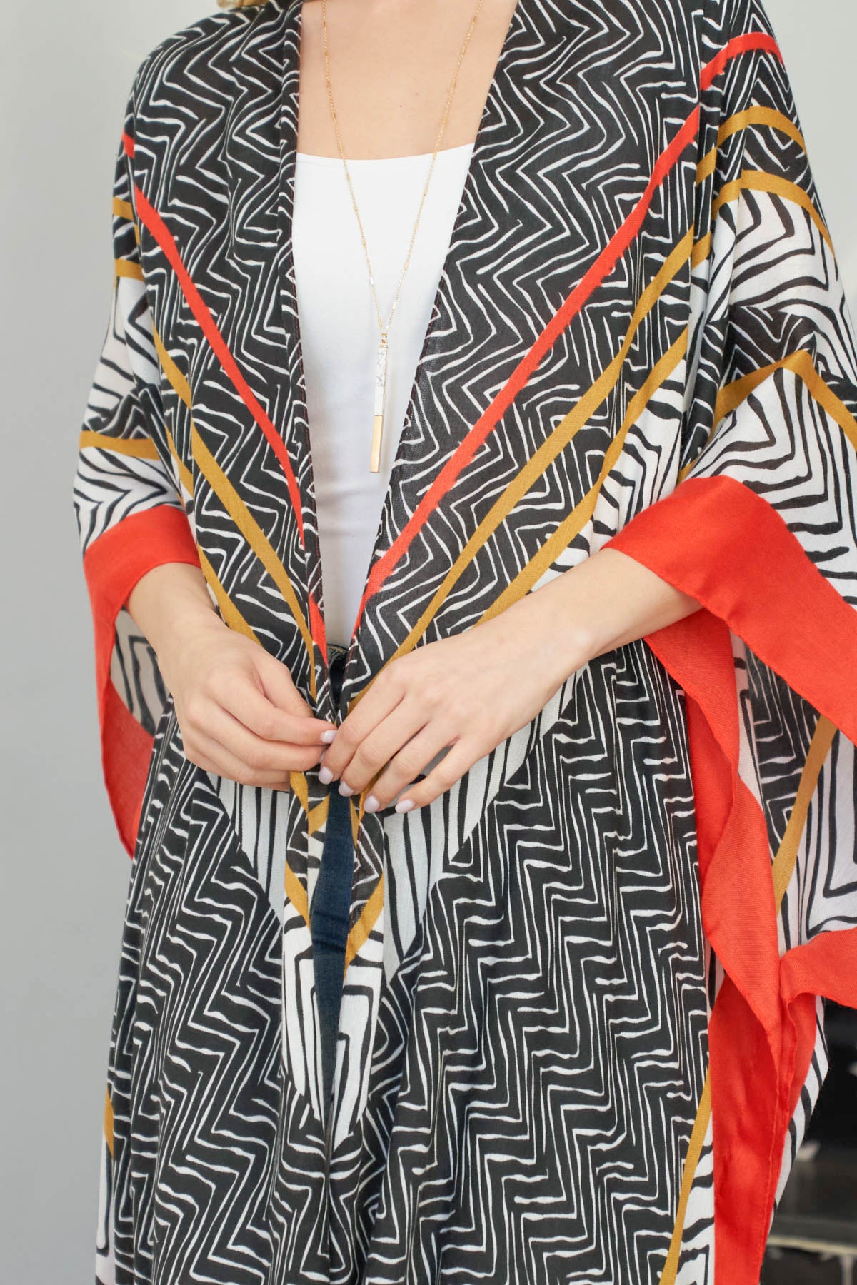 WAVY PRINT BOHO OPEN FRONT LONG KIMONO