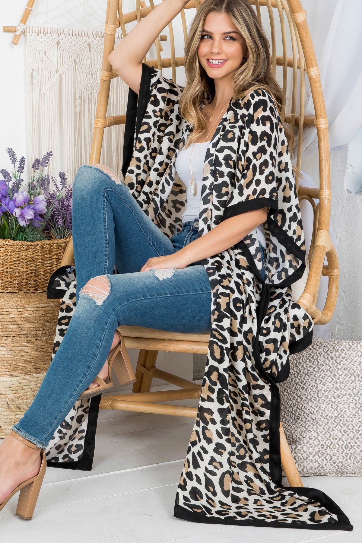 LONG OPEN FRONT LEOPARD PRINT KIMONO