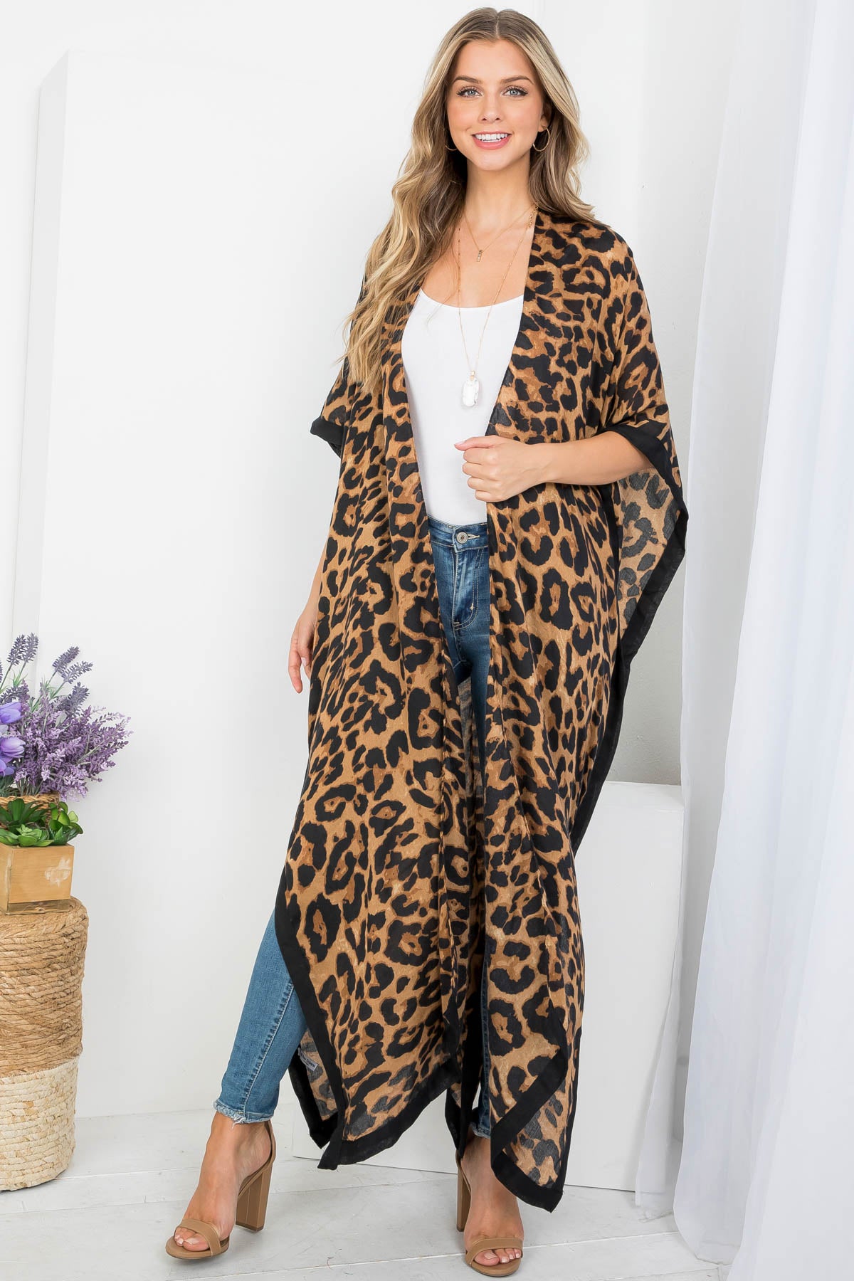 LONG OPEN FRONT LEOPARD PRINT KIMONO