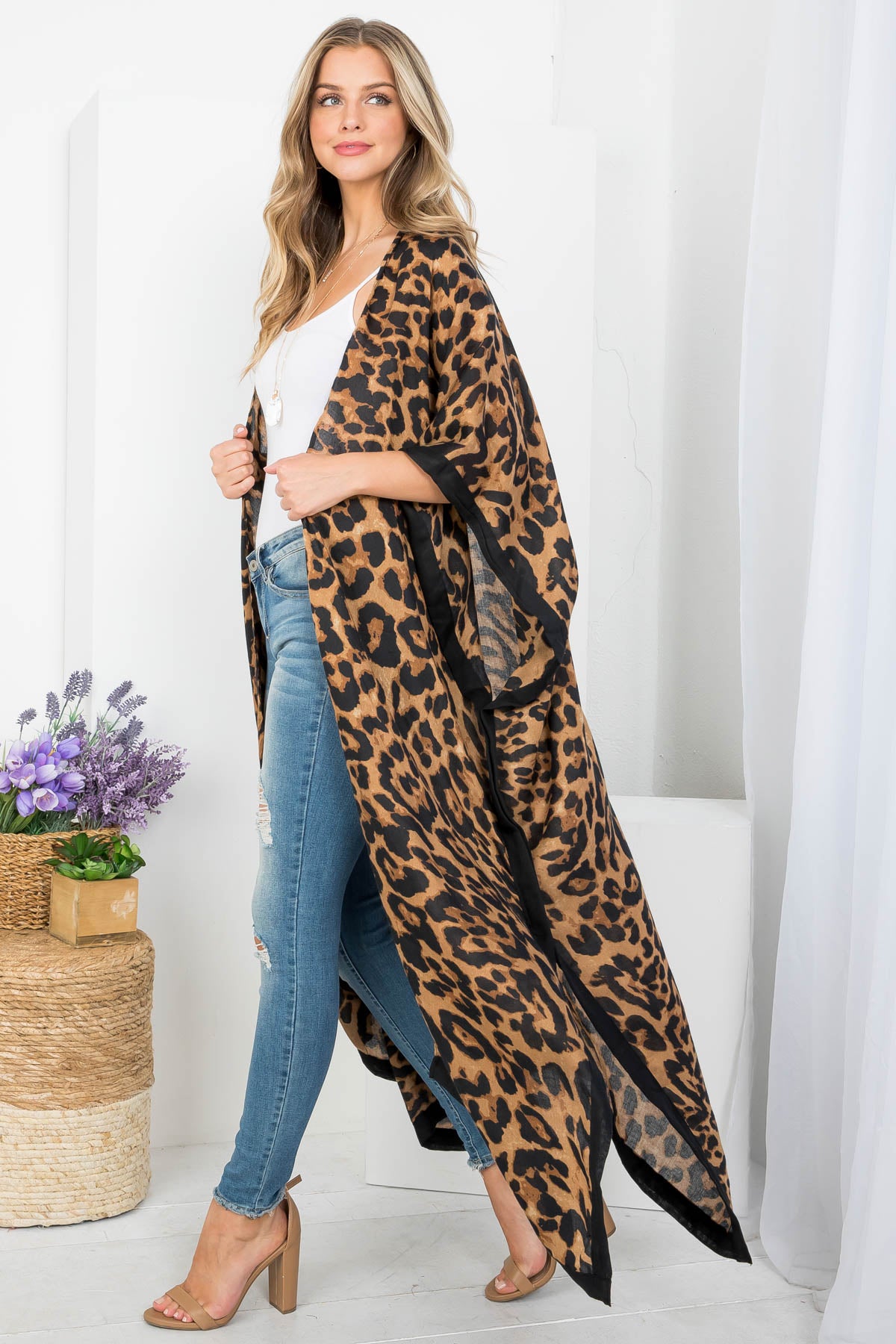 LONG OPEN FRONT LEOPARD PRINT KIMONO