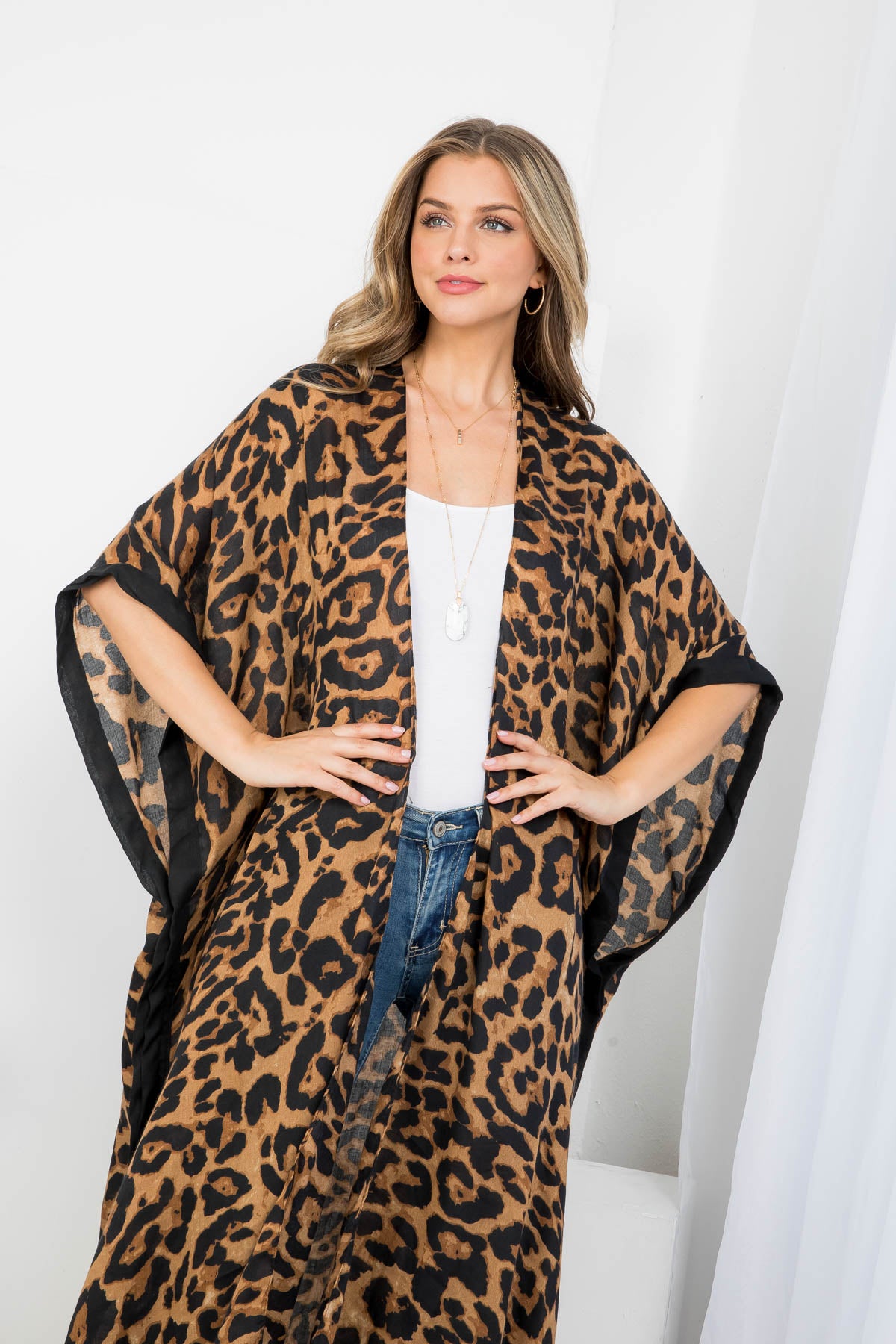 LONG OPEN FRONT LEOPARD PRINT KIMONO