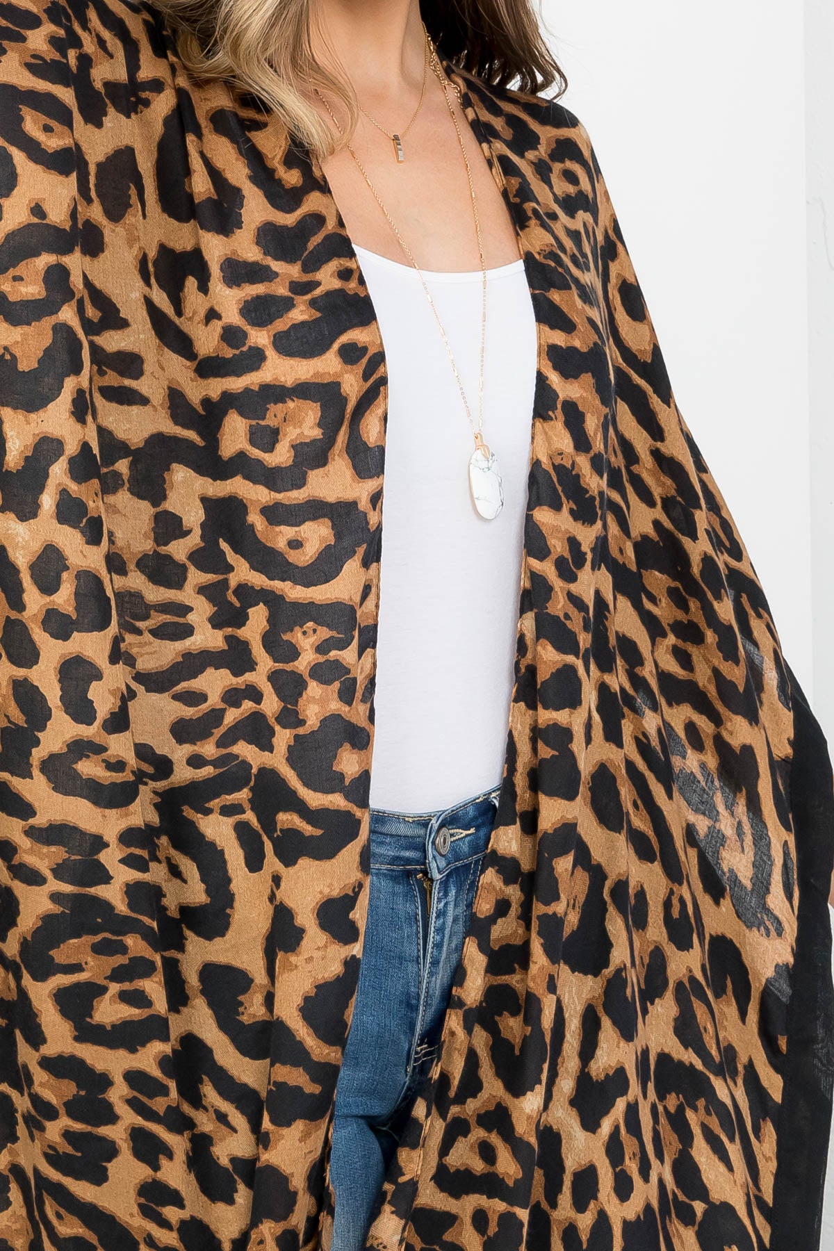 LONG OPEN FRONT LEOPARD PRINT KIMONO