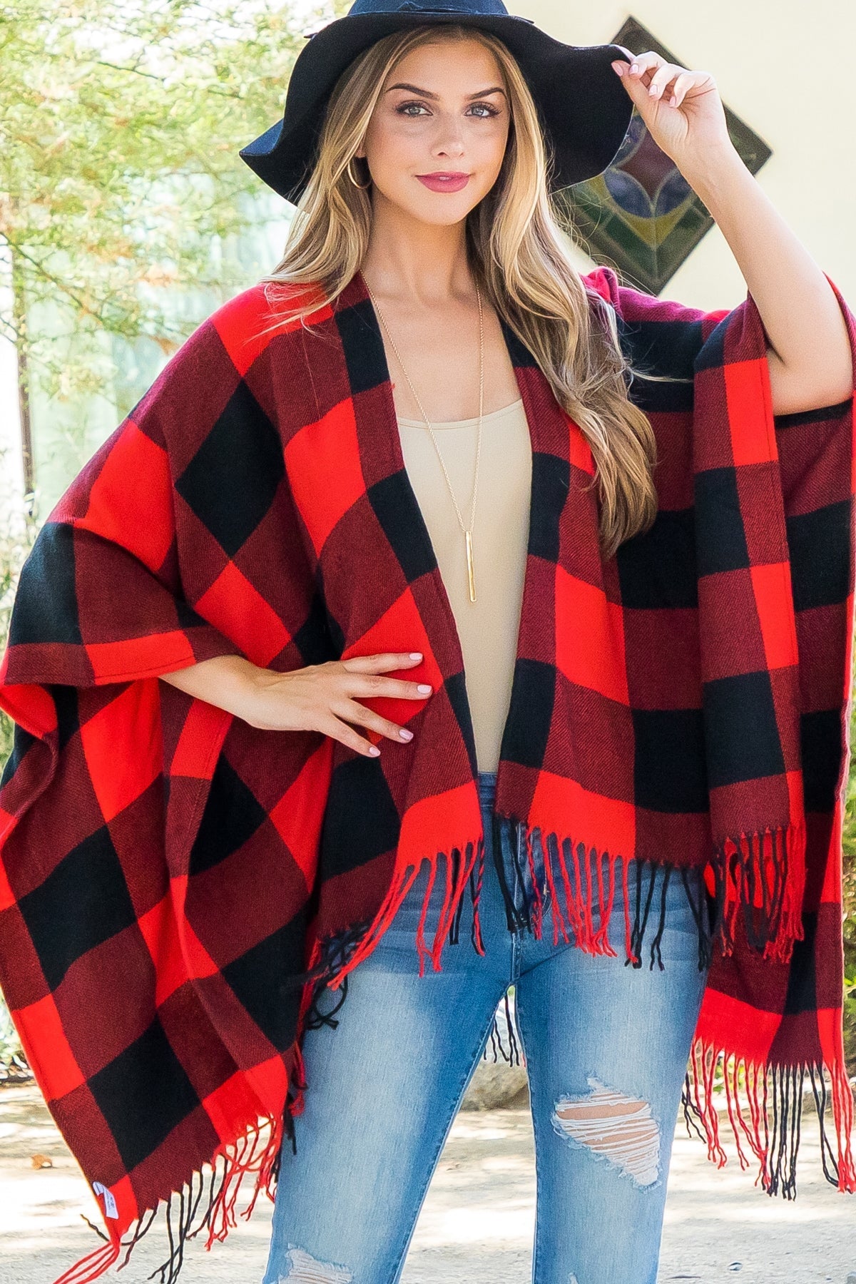 PLAID OPEN FRONT FRINGE KIMONO