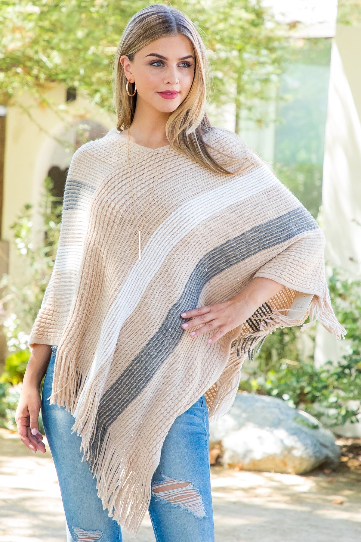 TRIPE KNIT FRINGE PONCHO