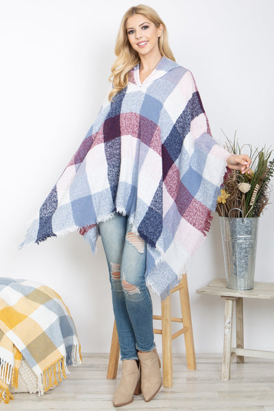 PLAID MULTICOLOR WARMER KNITTED HOODED PONCHO