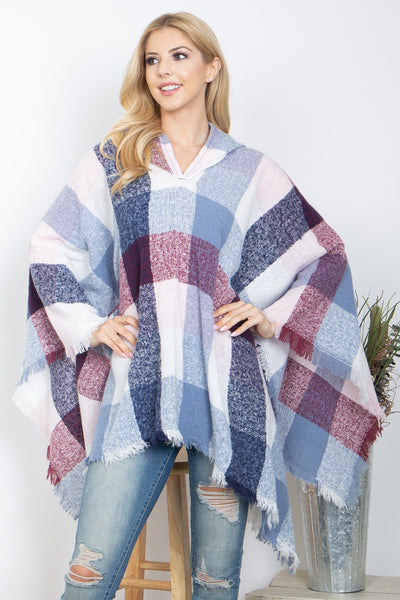 PLAID MULTICOLOR WARMER KNITTED HOODED PONCHO