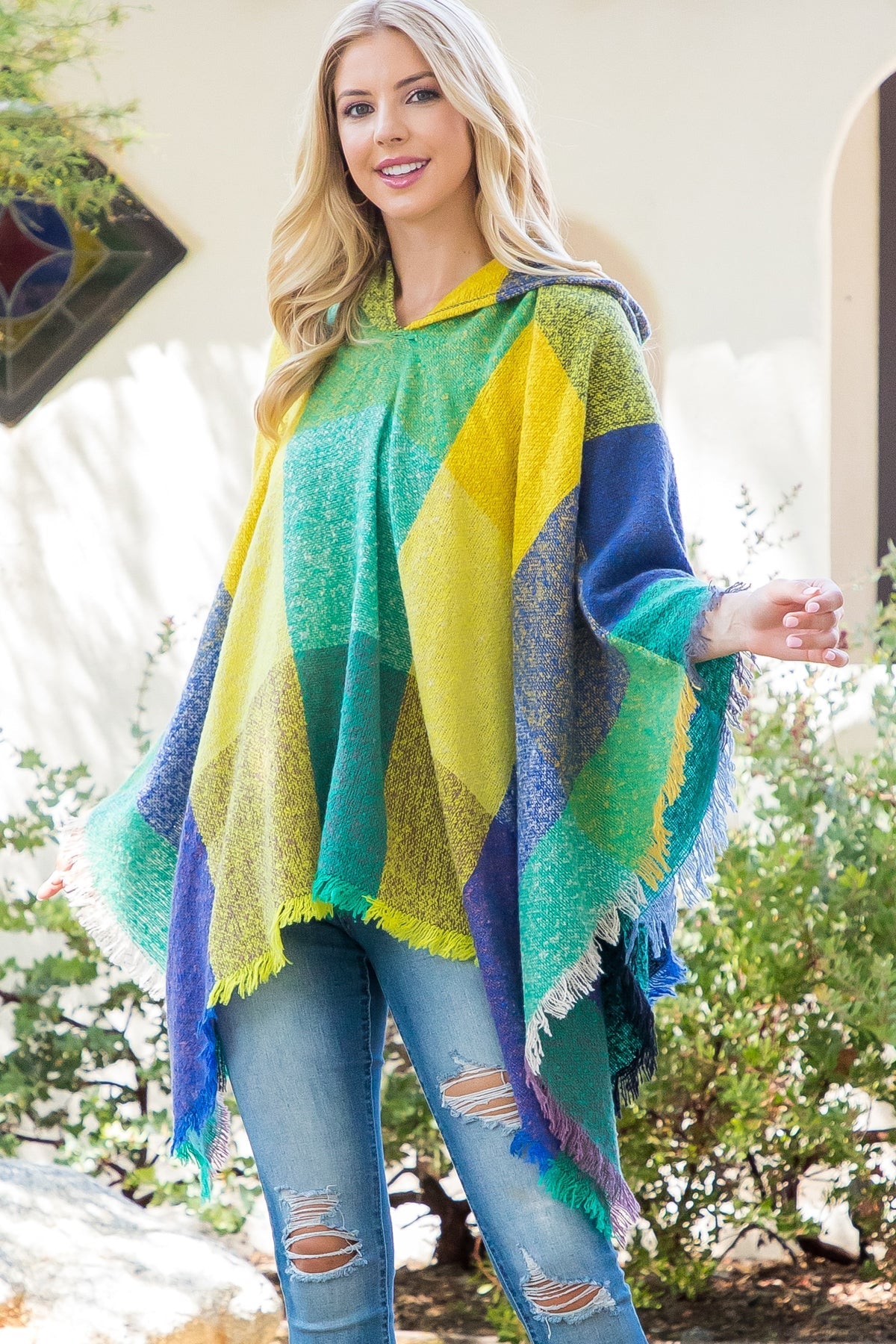 SQUARE MULTICOLOR WARMER KNITTED HOODED PONCHO