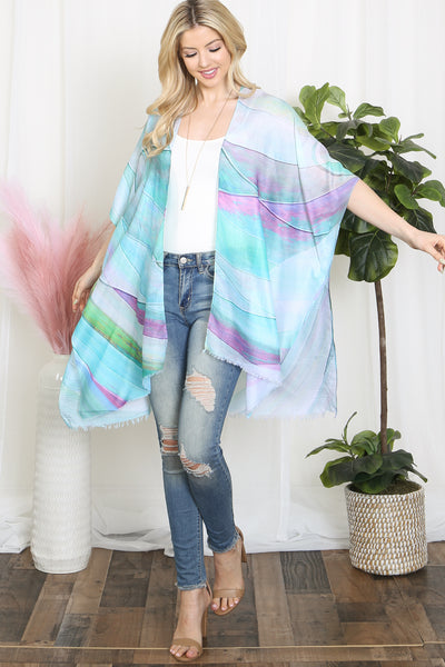 MULTICOLOR ABSTRACT PRINT TASSEL OPEN FRONT KIMONO (NOW $4.50 ONLY!)