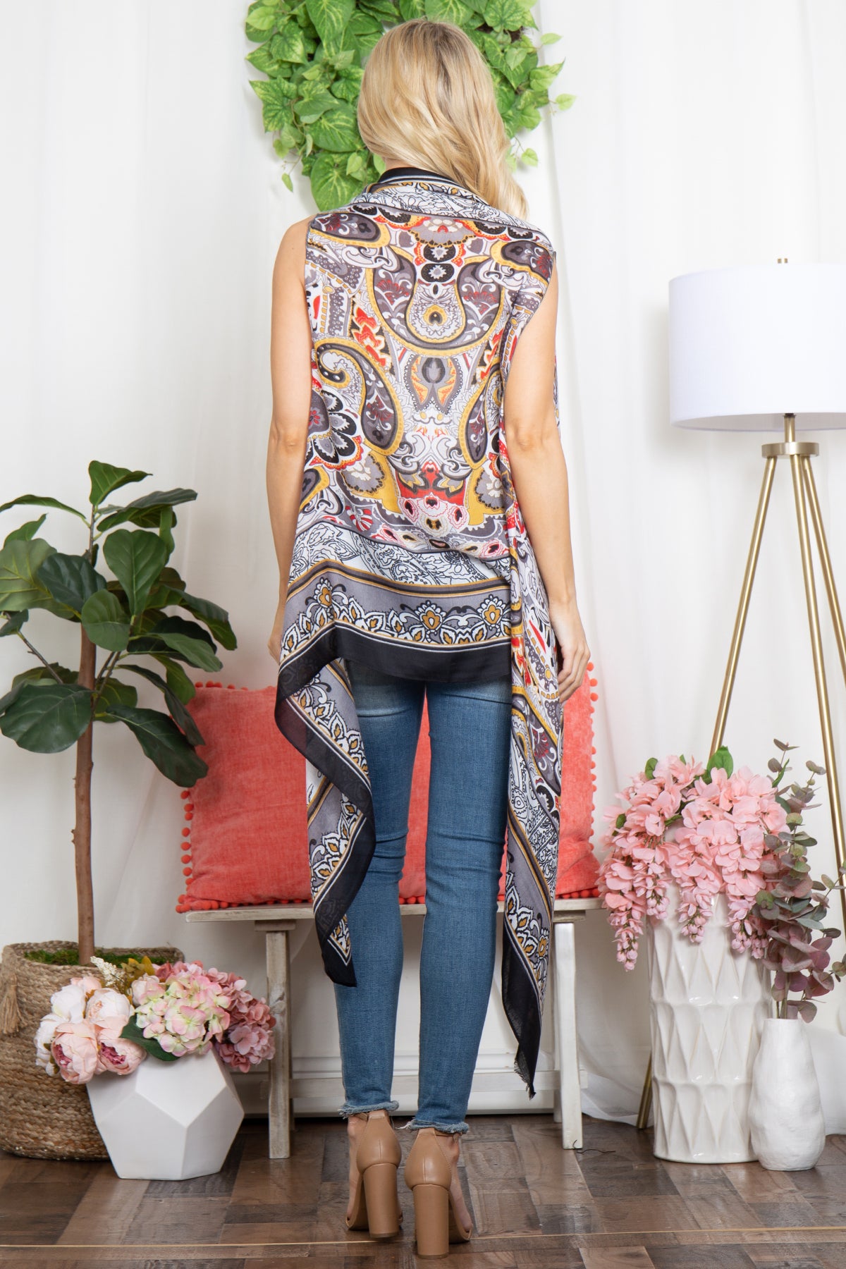 BOHO FLOWER PRINT KNEE LENGTH KIMONO VEST