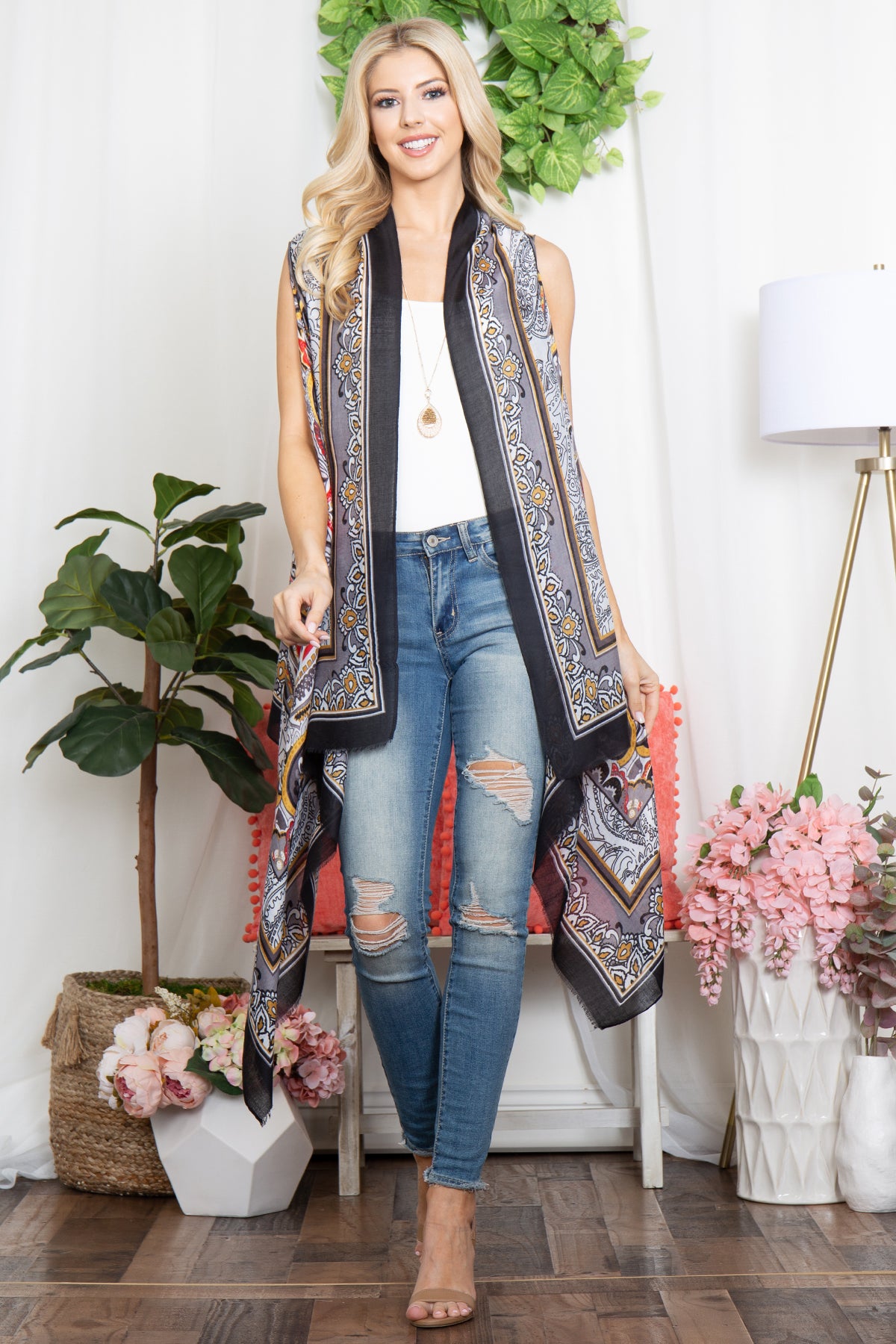 BOHO FLOWER PRINT KNEE LENGTH KIMONO VEST
