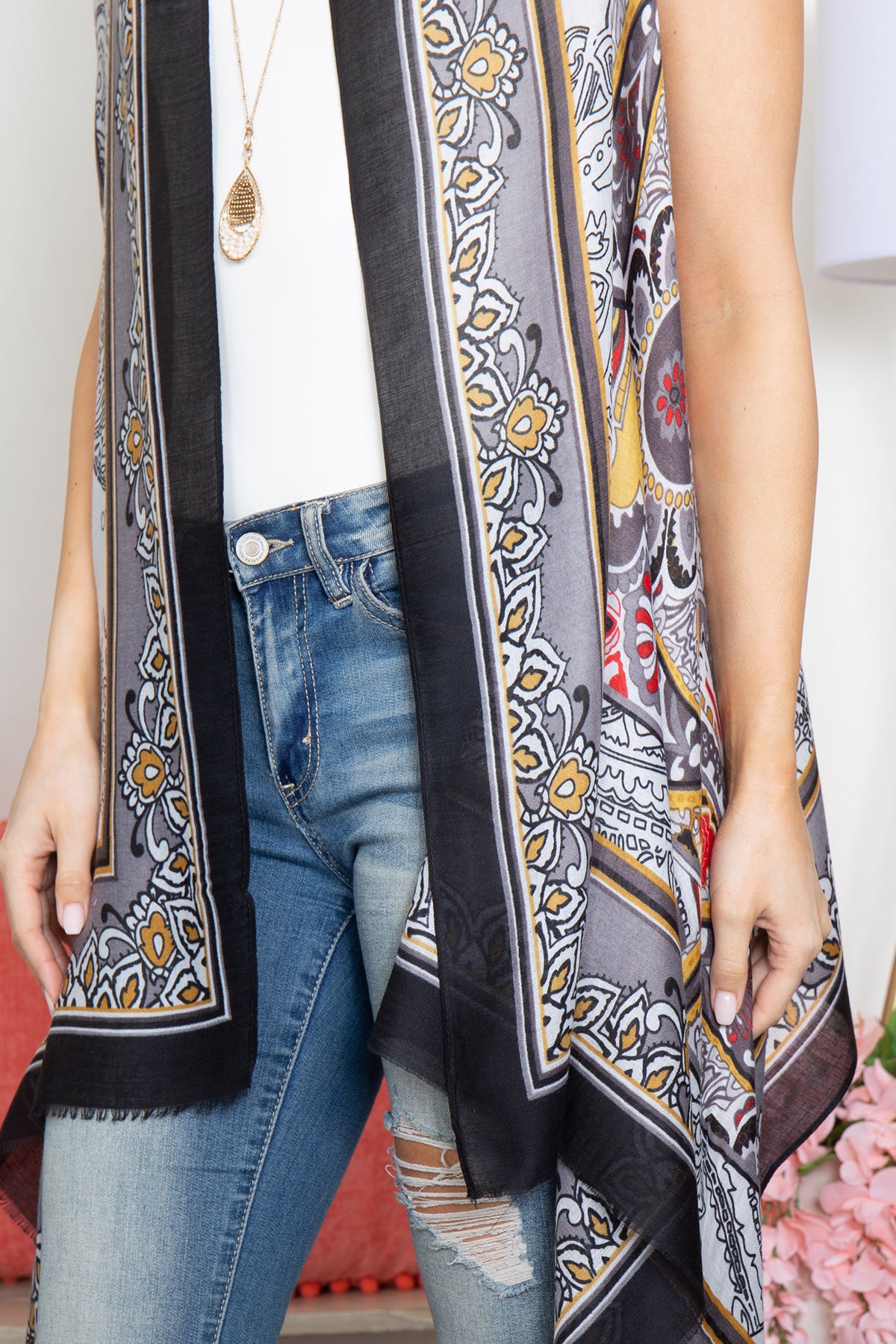 BOHO FLOWER PRINT KNEE LENGTH KIMONO VEST