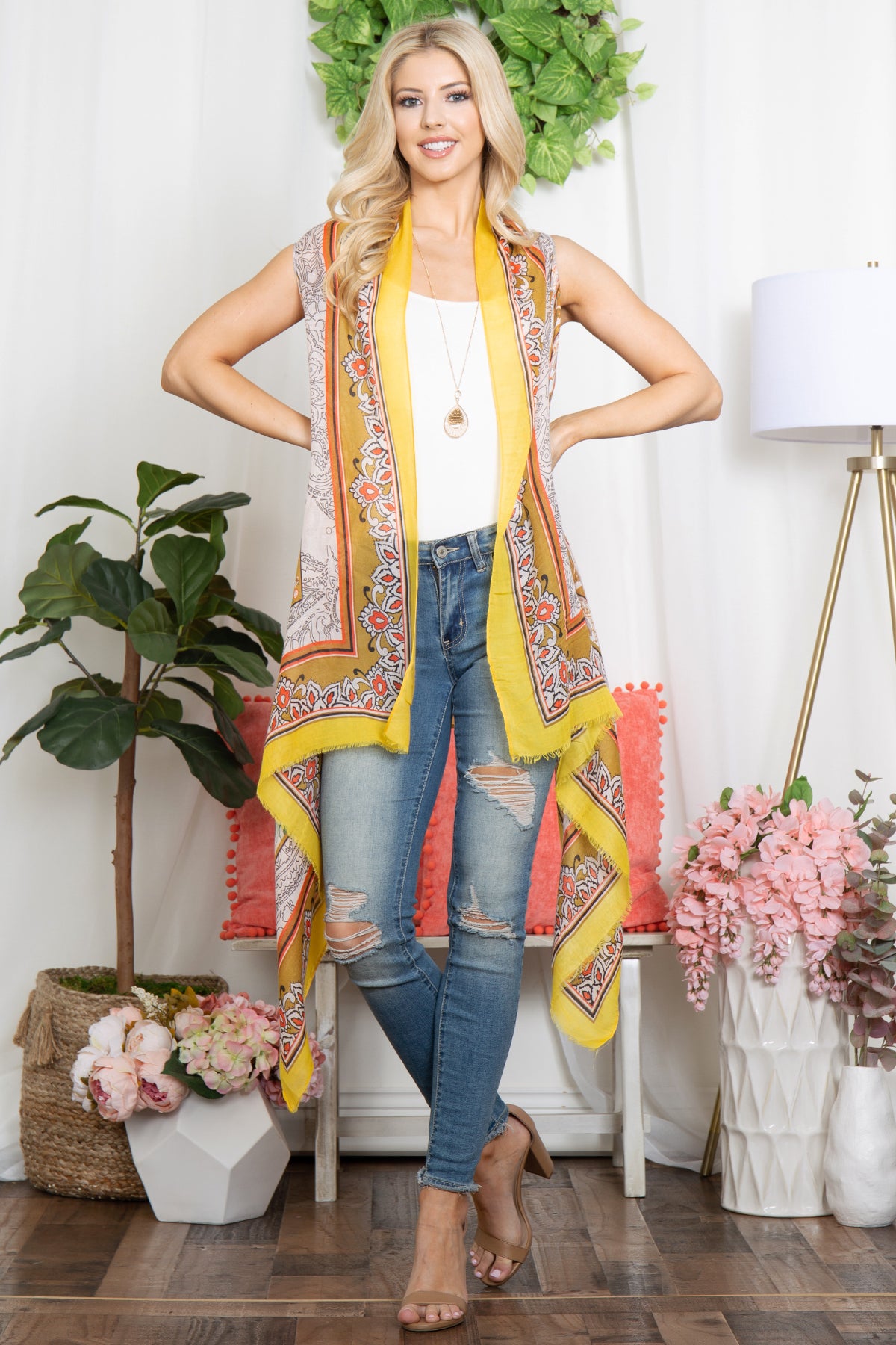 BOHO FLOWER PRINT KNEE LENGTH KIMONO VEST