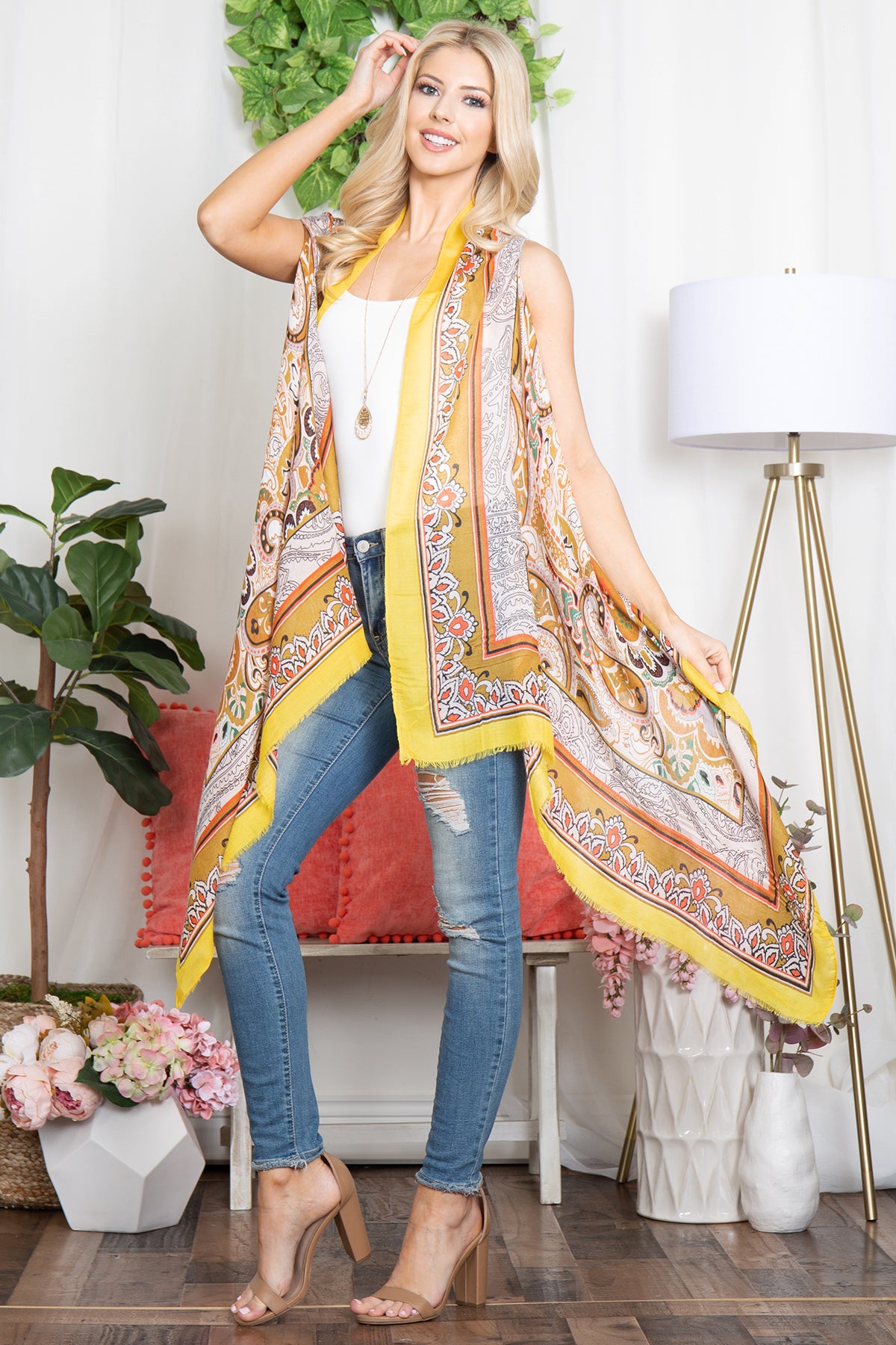 BOHO FLOWER PRINT KNEE LENGTH KIMONO VEST
