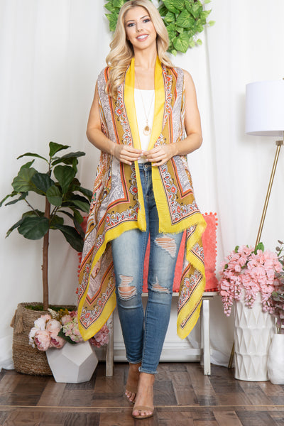 BOHO FLOWER PRINT KNEE LENGTH KIMONO VEST