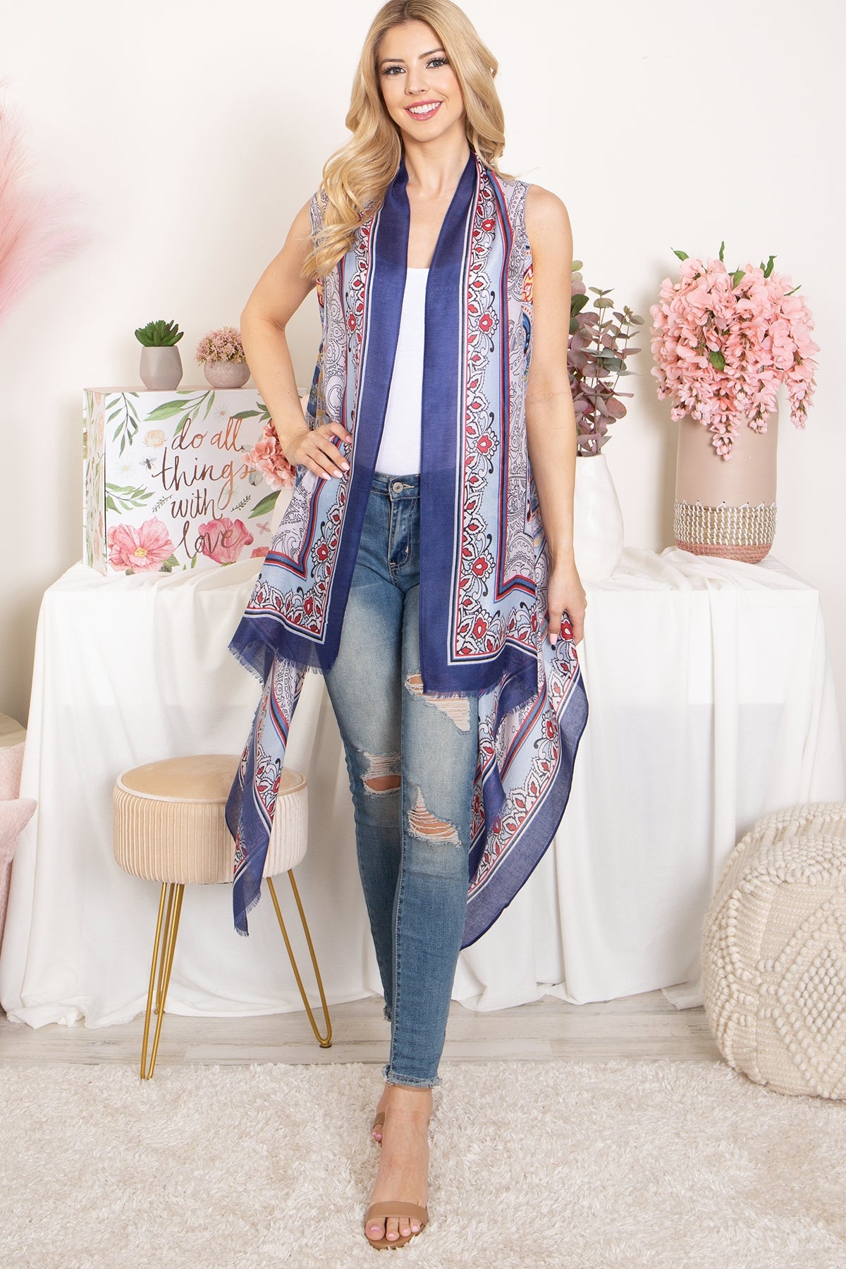 BOHO FLOWER PRINT KNEE LENGTH KIMONO VEST