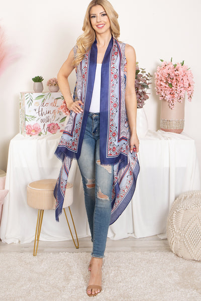 BOHO FLOWER PRINT KNEE LENGTH KIMONO VEST