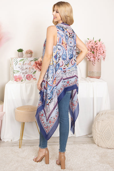 BOHO FLOWER PRINT KNEE LENGTH KIMONO VEST