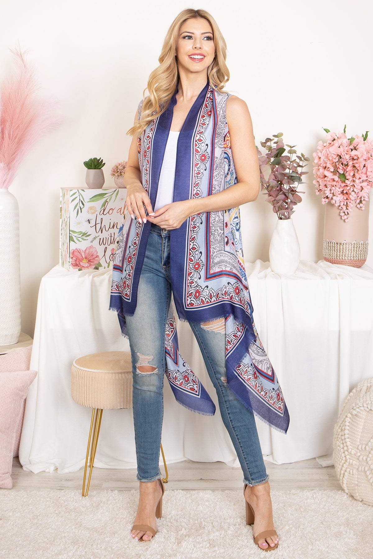 BOHO FLOWER PRINT KNEE LENGTH KIMONO VEST