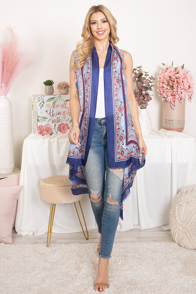 BOHO FLOWER PRINT KNEE LENGTH KIMONO VEST