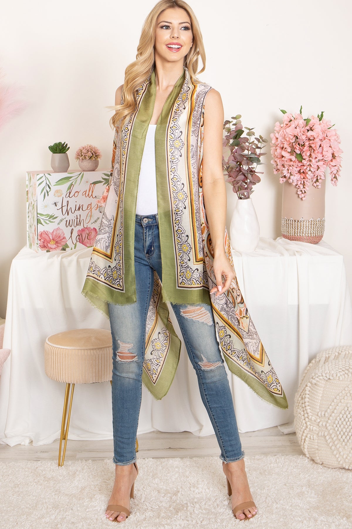 BOHO FLOWER PRINT KNEE LENGTH KIMONO VEST