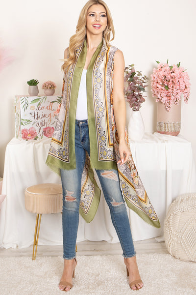 BOHO FLOWER PRINT KNEE LENGTH KIMONO VEST