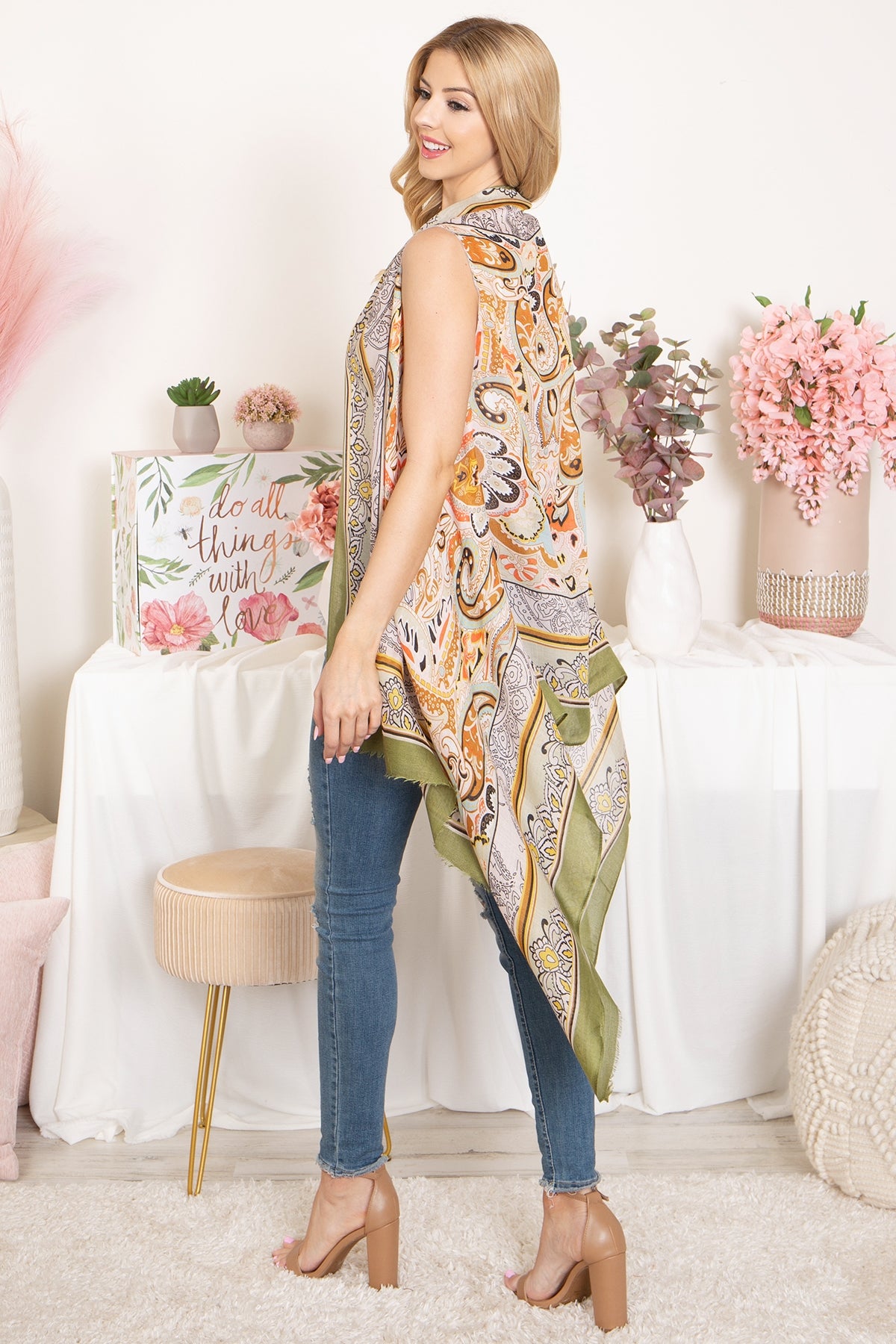 BOHO FLOWER PRINT KNEE LENGTH KIMONO VEST