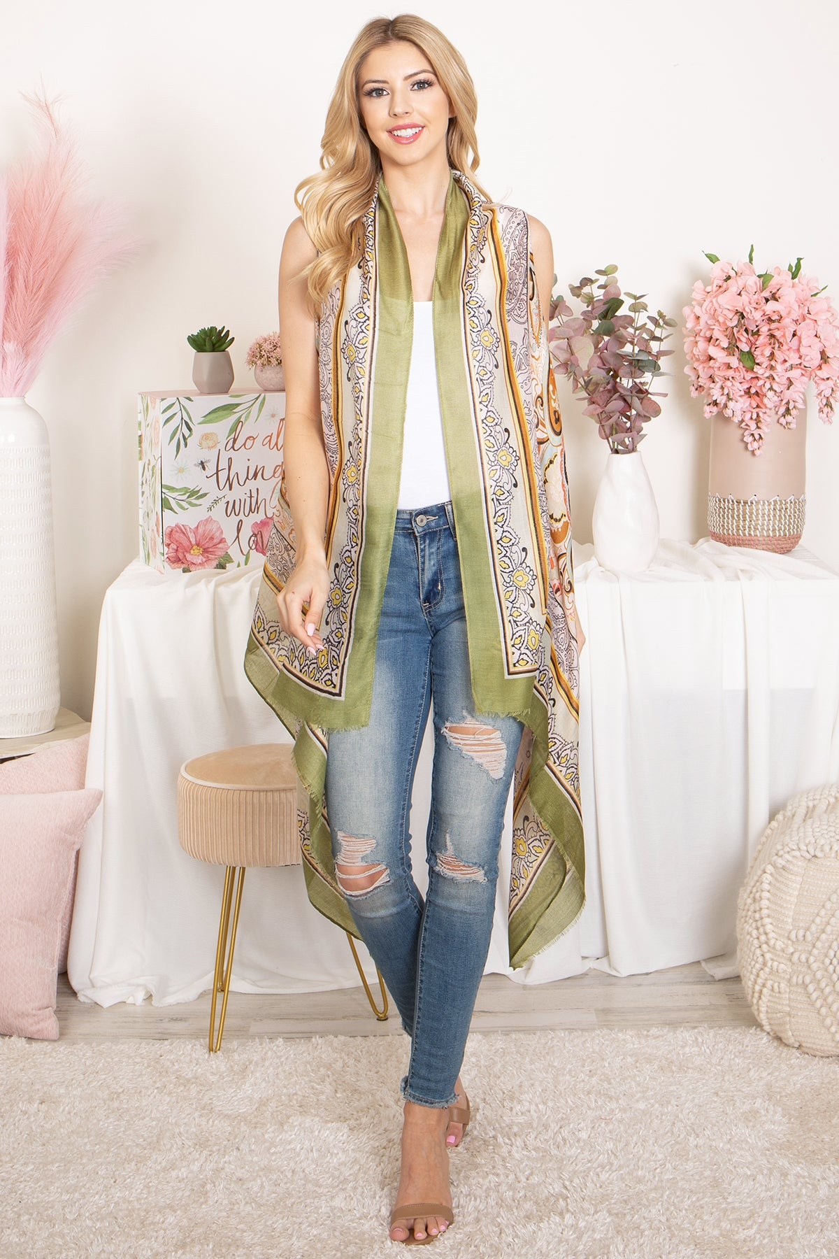 BOHO FLOWER PRINT KNEE LENGTH KIMONO VEST