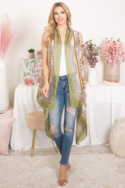 BOHO FLOWER PRINT KNEE LENGTH KIMONO VEST