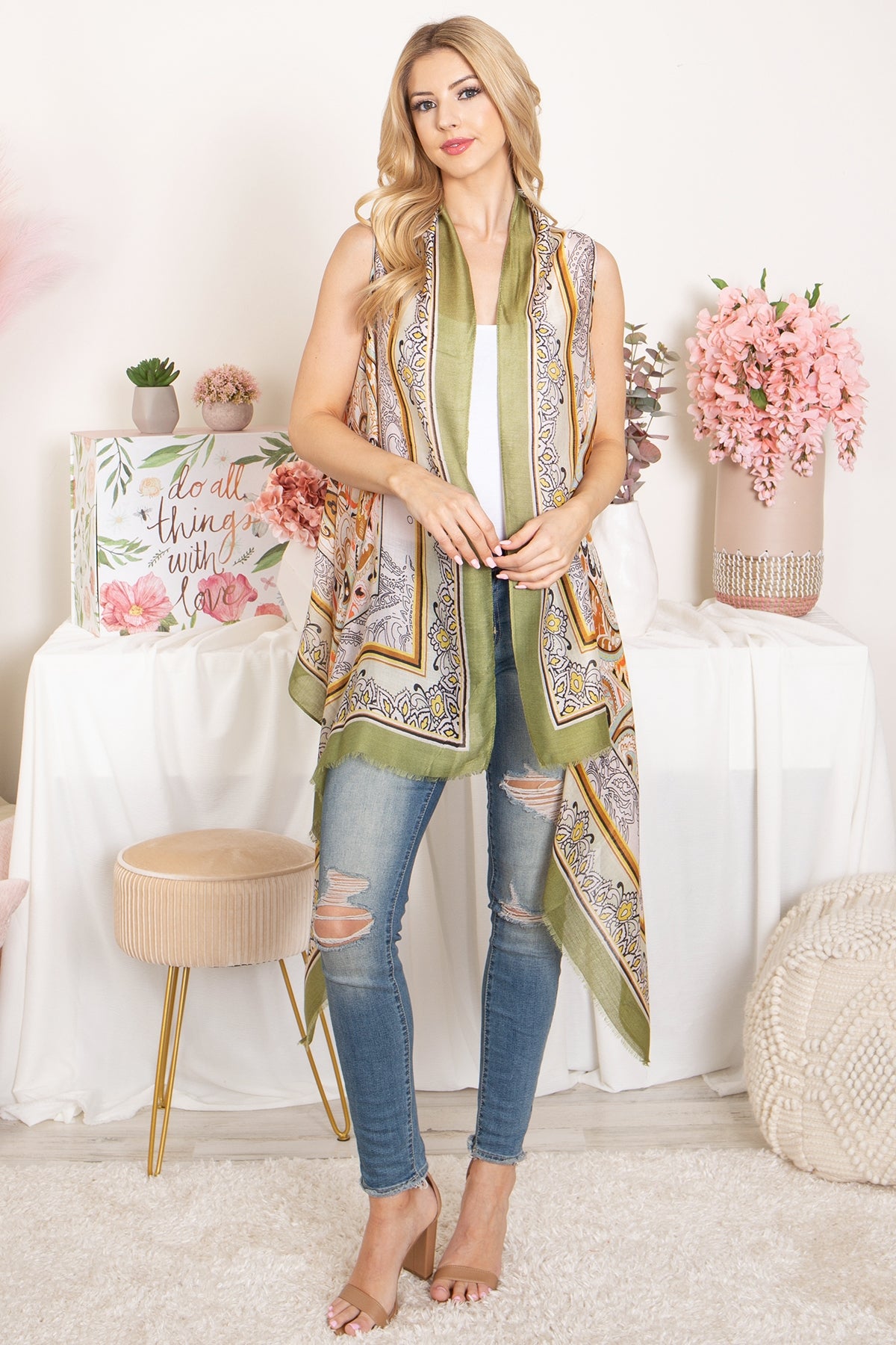 BOHO FLOWER PRINT KNEE LENGTH KIMONO VEST