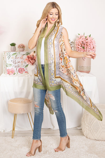 BOHO FLOWER PRINT KNEE LENGTH KIMONO VEST