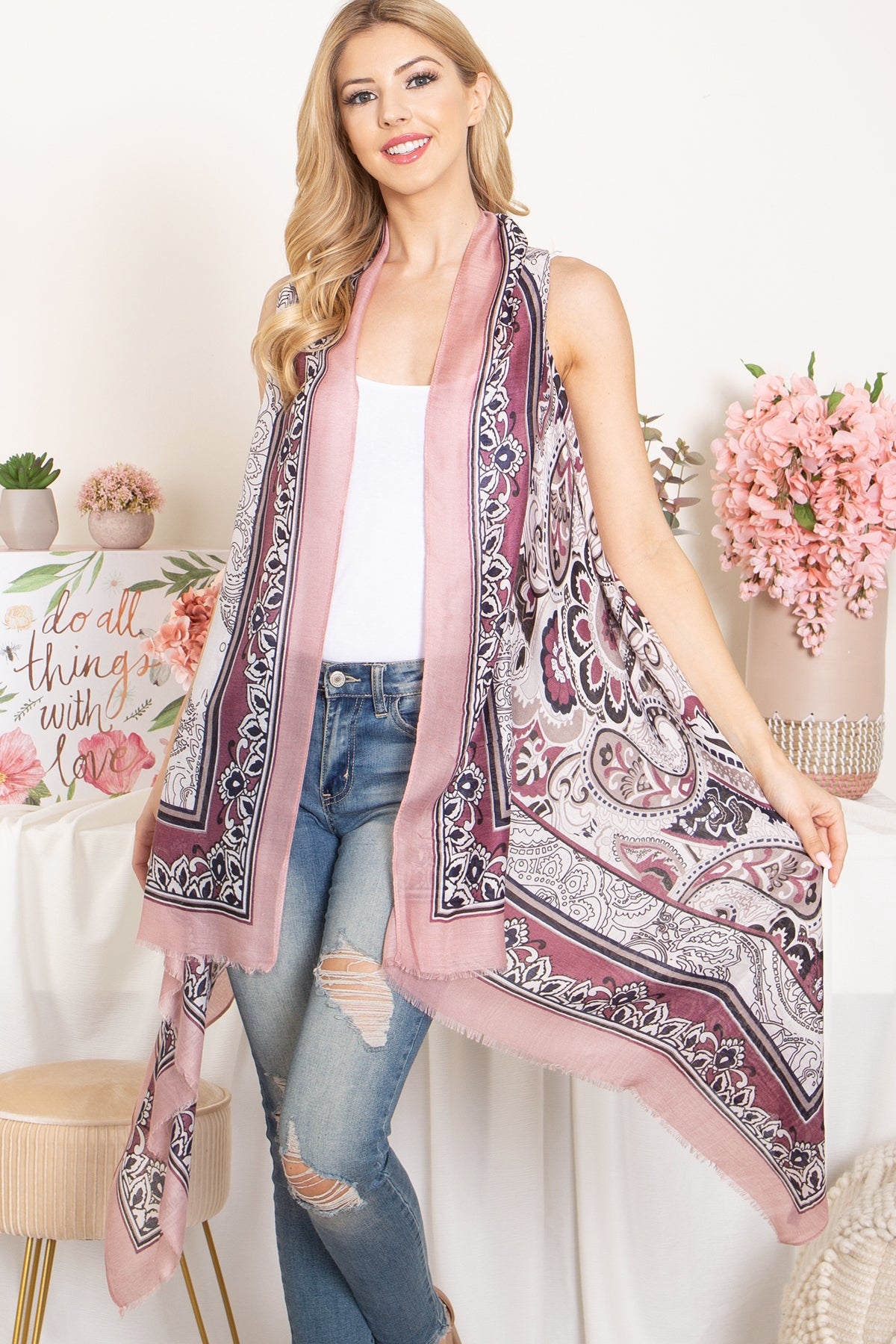 BOHO FLOWER PRINT KNEE LENGTH KIMONO VEST