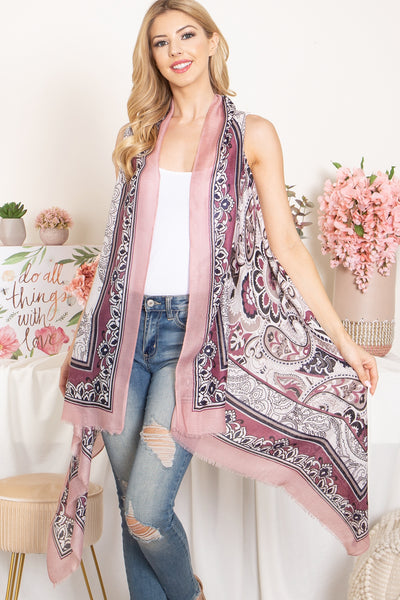 BOHO FLOWER PRINT KNEE LENGTH KIMONO VEST