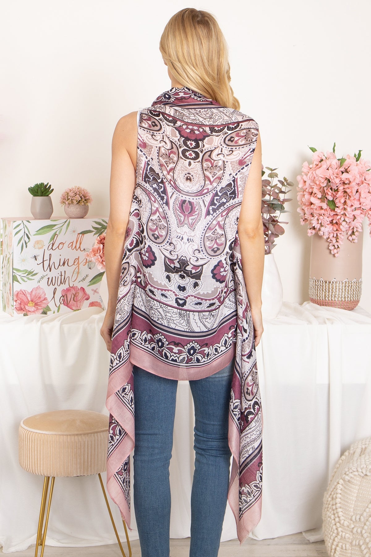 BOHO FLOWER PRINT KNEE LENGTH KIMONO VEST