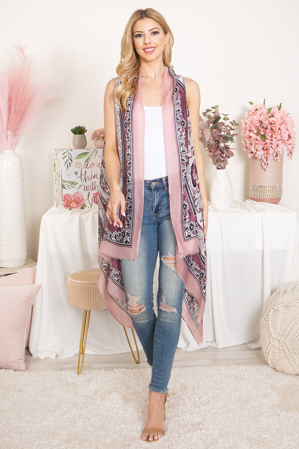 BOHO FLOWER PRINT KNEE LENGTH KIMONO VEST