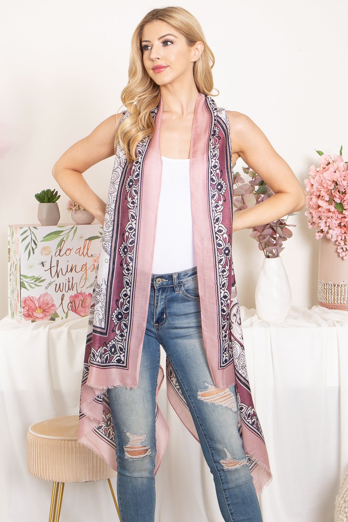 BOHO FLOWER PRINT KNEE LENGTH KIMONO VEST