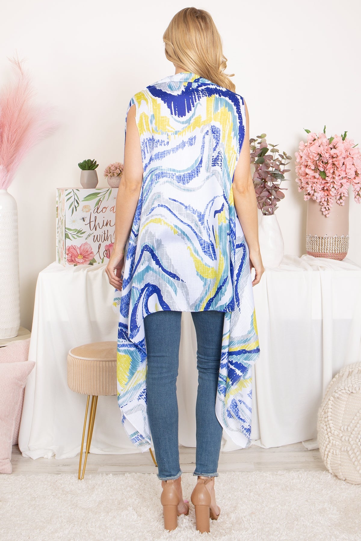 ABSTRACT PRINT KNEE LENGTH OPEN FRONT KIMONO VEST (NOW $4.00 ONLY!)