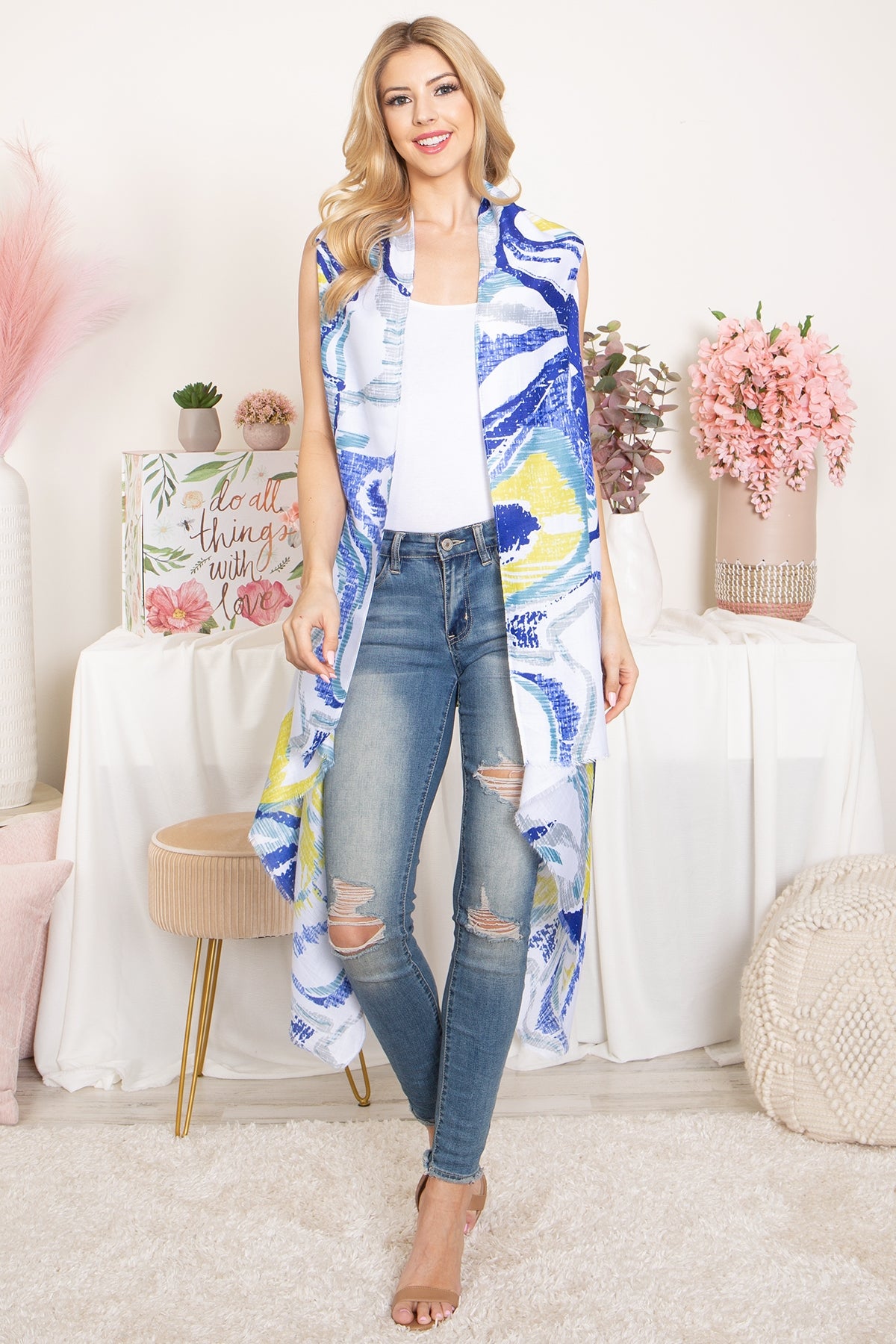 ABSTRACT PRINT KNEE LENGTH OPEN FRONT KIMONO VEST (NOW $4.00 ONLY!)