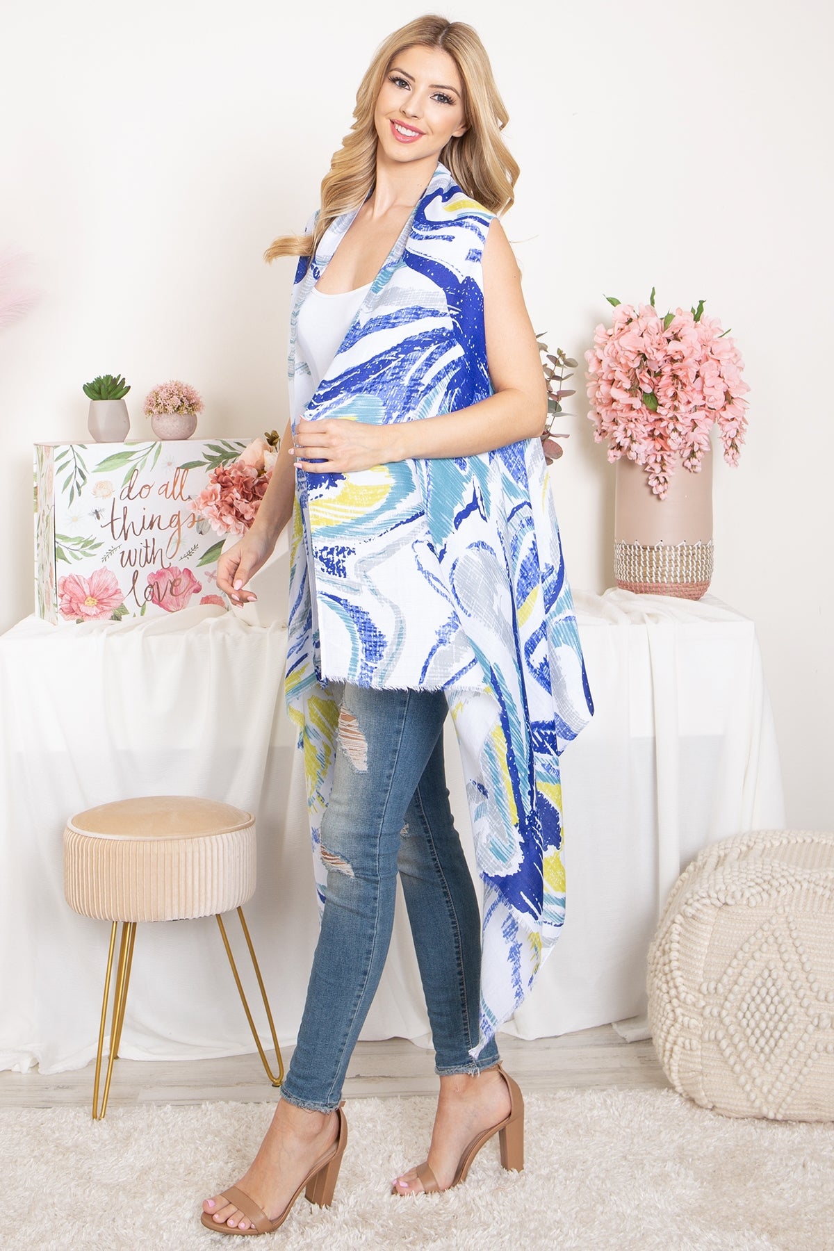 ABSTRACT PRINT KNEE LENGTH OPEN FRONT KIMONO VEST (NOW $4.00 ONLY!)