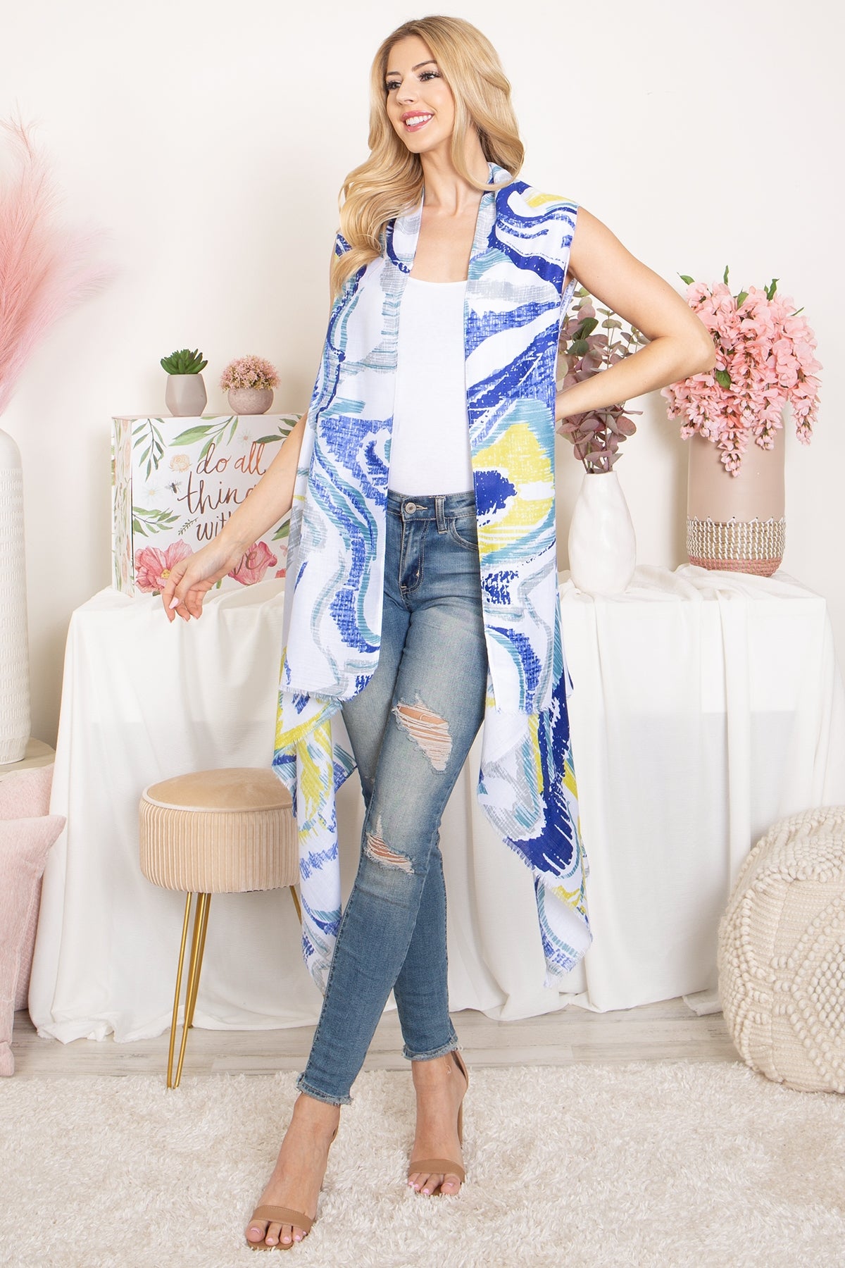 ABSTRACT PRINT KNEE LENGTH OPEN FRONT KIMONO VEST (NOW $4.00 ONLY!)