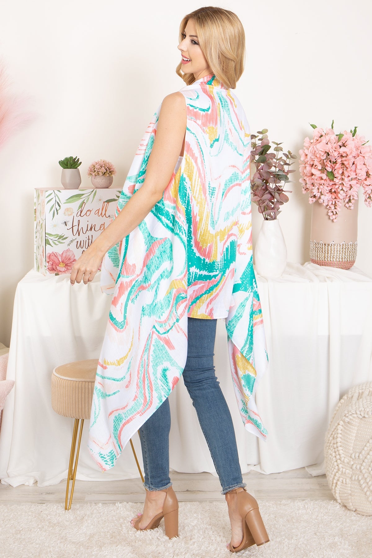 ABSTRACT PRINT KNEE LENGTH OPEN FRONT KIMONO VEST (NOW $4.00 ONLY!)