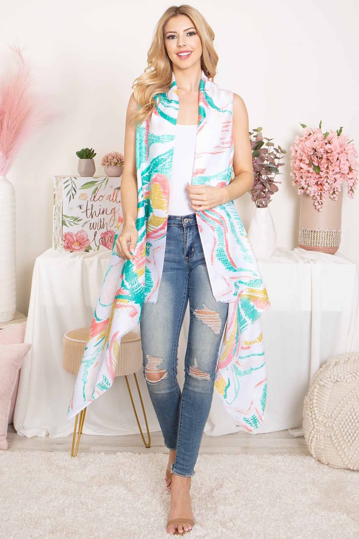 ABSTRACT PRINT KNEE LENGTH OPEN FRONT KIMONO VEST (NOW $4.00 ONLY!)