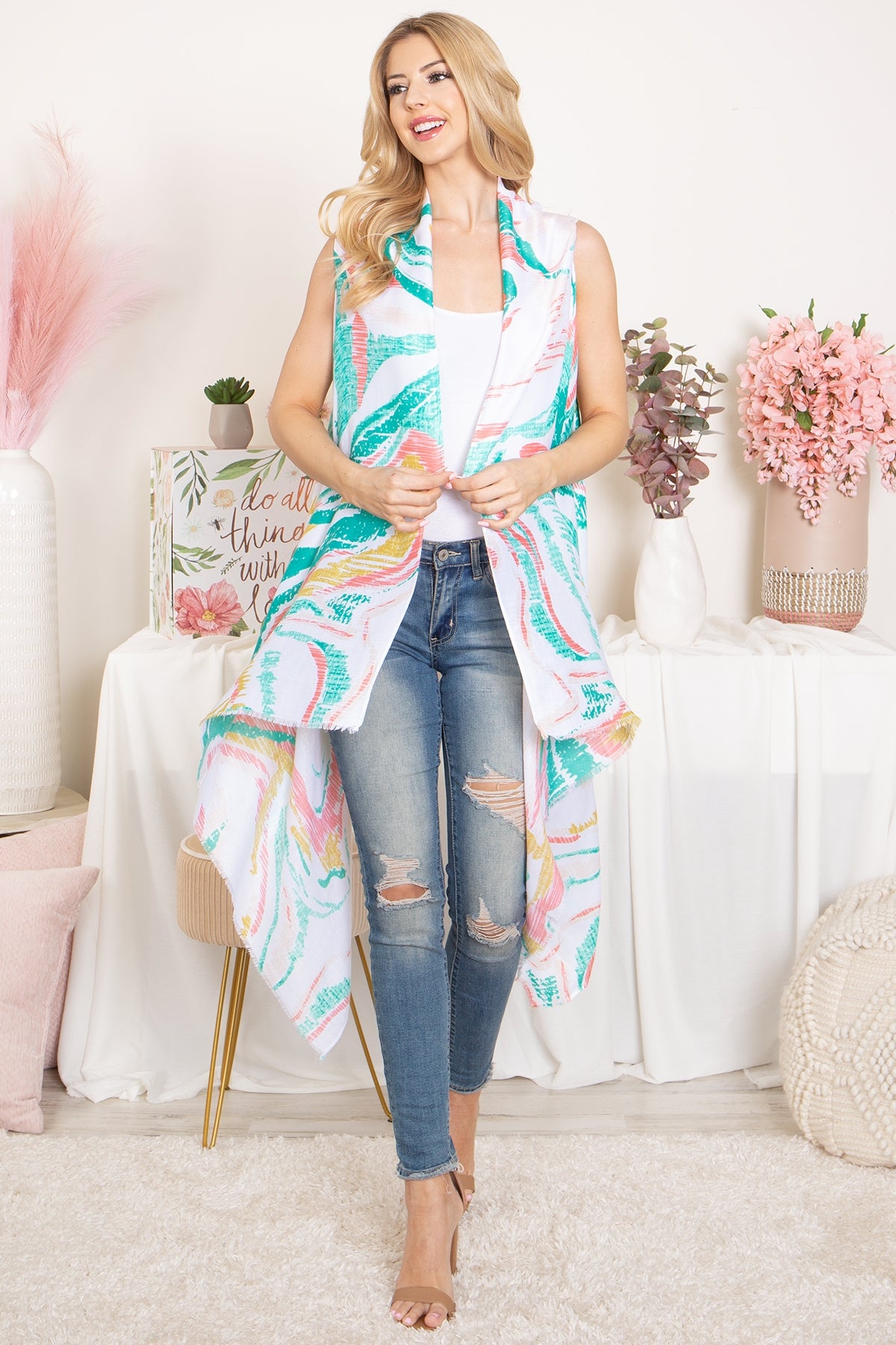 ABSTRACT PRINT KNEE LENGTH OPEN FRONT KIMONO VEST (NOW $4.00 ONLY!)