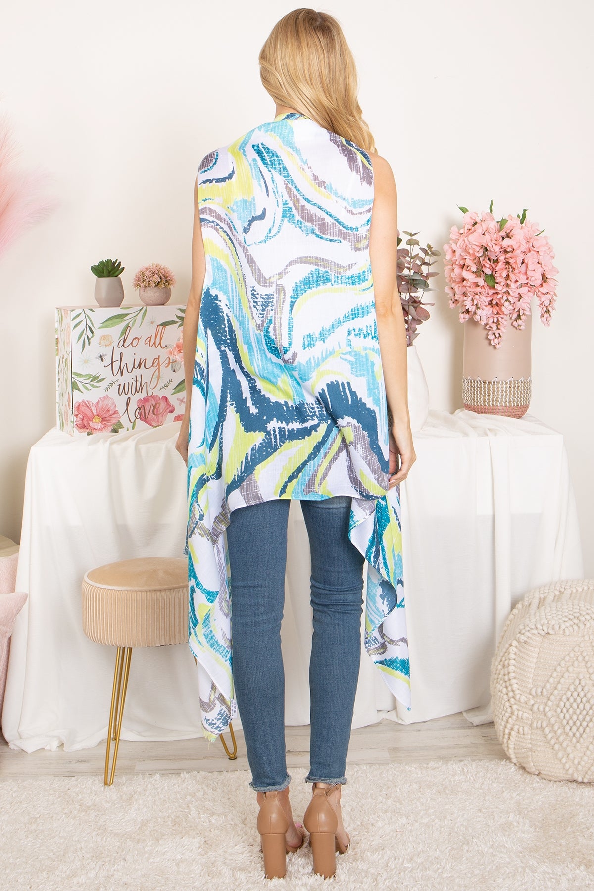 ABSTRACT PRINT KNEE LENGTH OPEN FRONT KIMONO VEST (NOW $4.00 ONLY!)